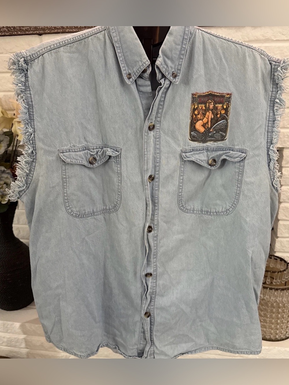 Vintage Bikers Edge Denim Graphic Shirt 2XL Wild Ride Y2K Pin Up Chopper Flame